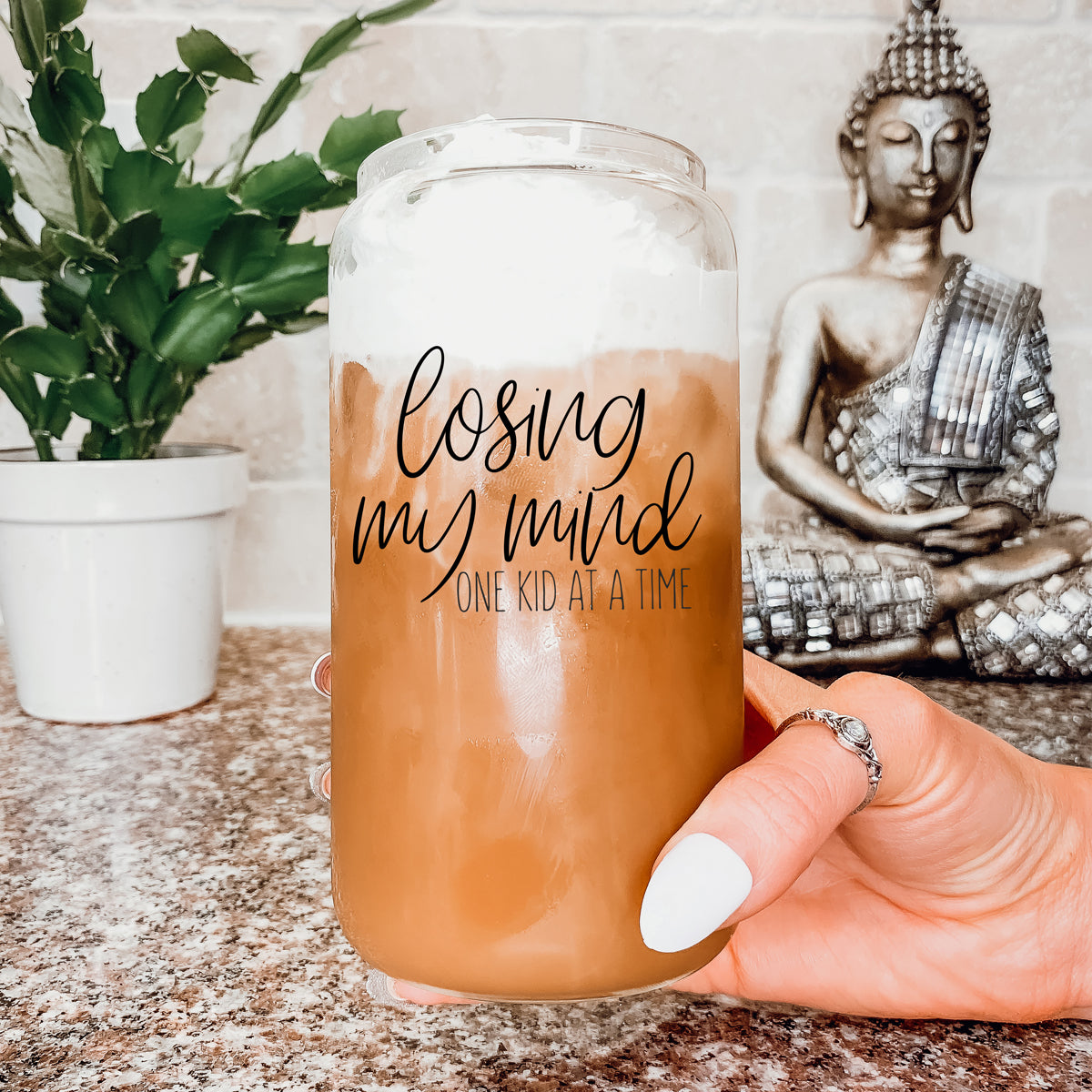 Losing My Mind 17oz Glass Tumbler With Bamboo Lid Stainless Straws Straw Cleaner Gift BandsCo Straps