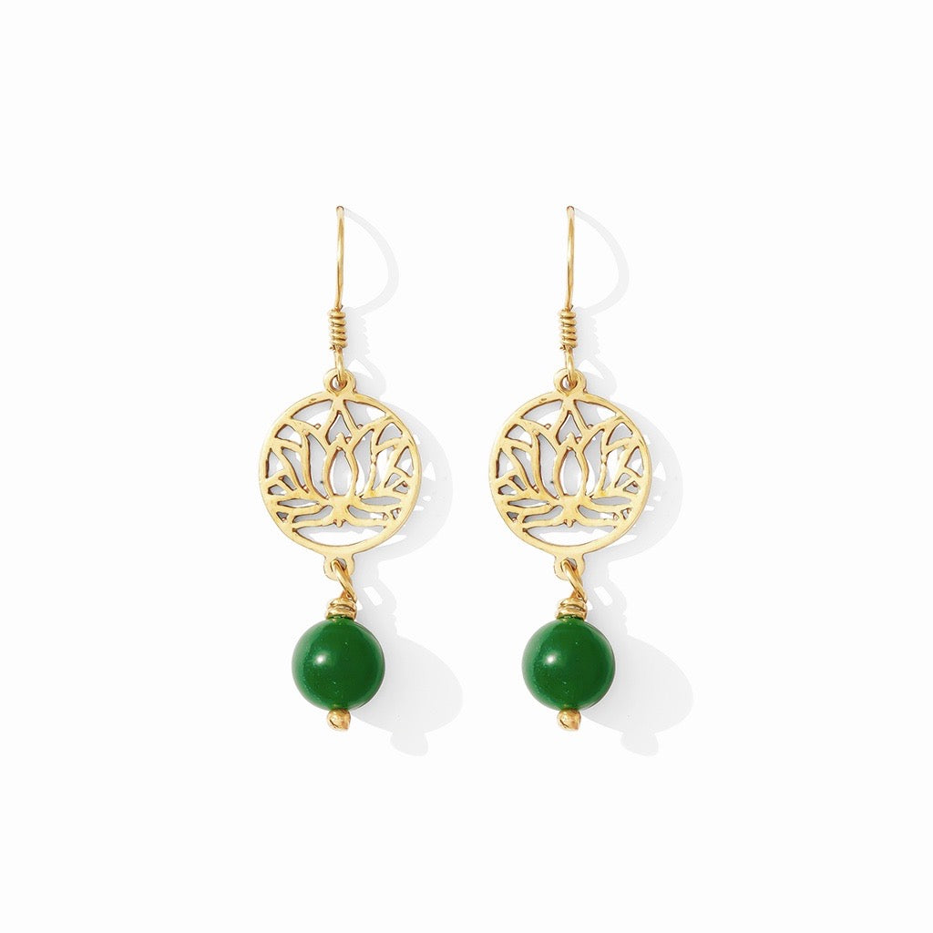 Lotus Drop Earrings Emerald Glass Bead Recycled Brass Bombshell Jewelry BandsCo Straps