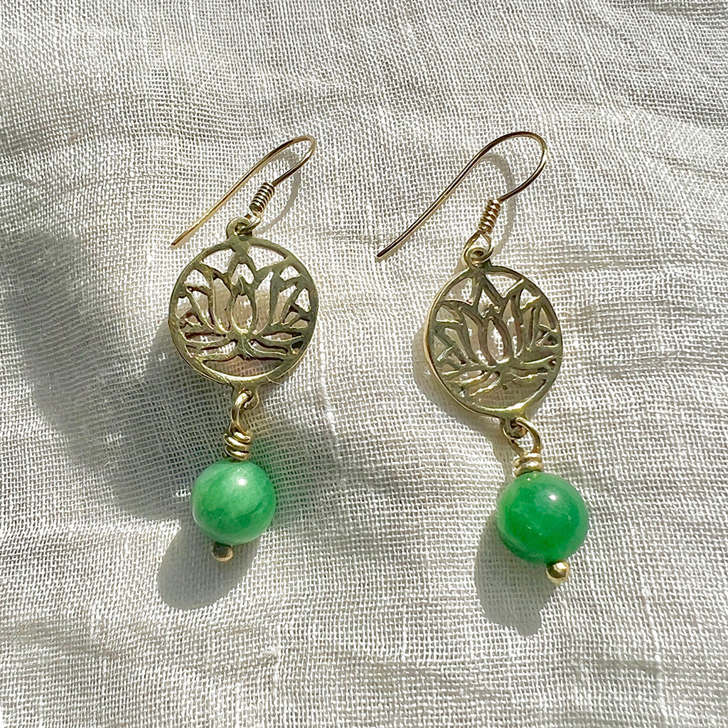 Lotus Drop Earrings Emerald Glass Bead Recycled Brass Bombshell Jewelry BandsCo Straps
