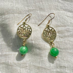 Lotus Drop Earrings Emerald Glass Bead Recycled Brass Bombshell Jewelry BandsCo Straps