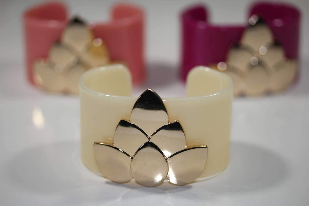 Lotus Flower Cuff Bracelet Wide Resin With Gold Accent