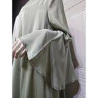 Lotus Leaf Sleeve Solid Soft Satin Open Front Abaya Dress | Lightweight Modest Abaya Cover(MOA220)