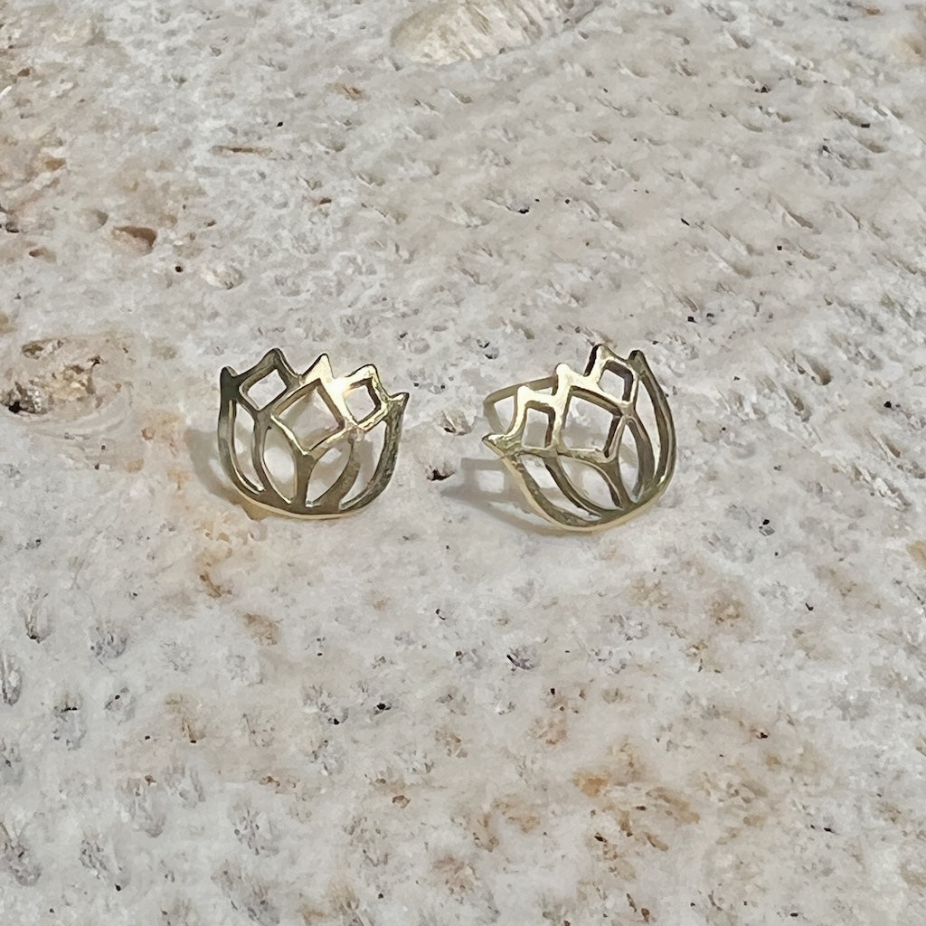 Lotus Stud Earrings Recycled Bombshell Brass Symbolic Rebirth Minimalist Jewels BandsCo Straps