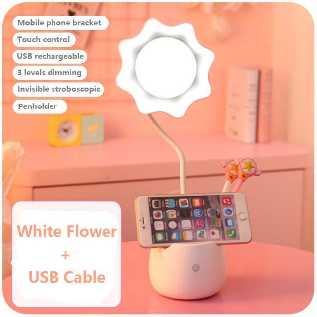 Lovely 3 Levels Dimmer Reading Table Lamp Pen Case Base Student LED Desk Lamp Girls Charge Bedside Lamp for Bedroom Studyroom Cute Study Lamps for Bedroom Décor Stevvex