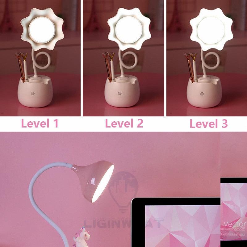 Lovely 3 Levels Dimmer Reading Table Lamp Pen Case Base Student LED Desk Lamp Girls Charge Bedside Lamp for Bedroom Studyroom Cute Study Lamps for Bedroom Décor Stevvex