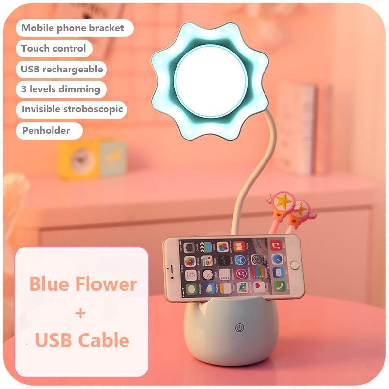 Lovely 3 Levels Dimmer Reading Table Lamp Pen Case Base Student LED Desk Lamp Girls Charge Bedside Lamp for Bedroom Studyroom Cute Study Lamps for Bedroom Décor Stevvex