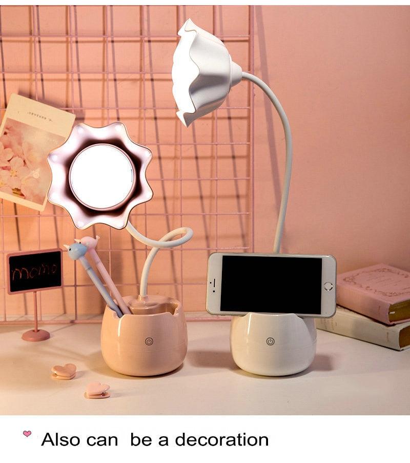 Lovely 3 Levels Dimmer Reading Table Lamp Pen Case Base Student LED Desk Lamp Girls Charge Bedside Lamp for Bedroom Studyroom Cute Study Lamps for Bedroom Décor Stevvex