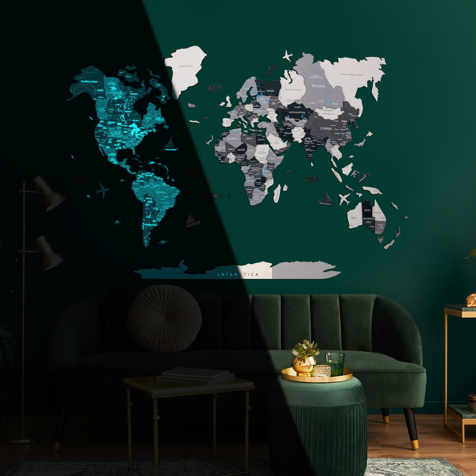 3D Luminous/Magnetic Colored Wooden World Map Nordik Enjoy The Wood