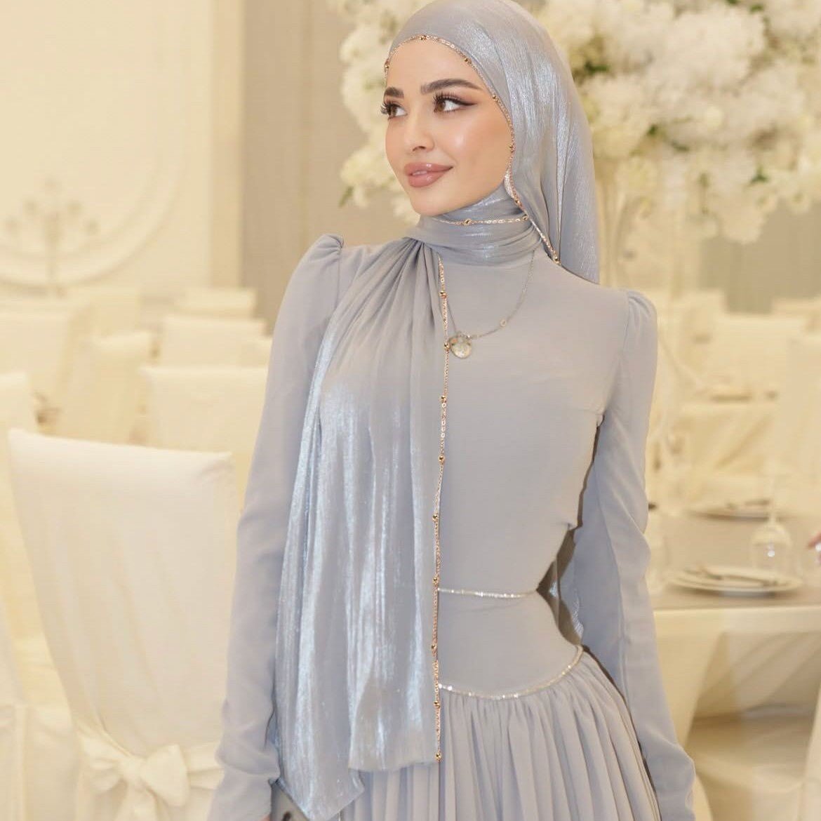 Lustrous Thread Hijab with Satin & Crinkle Texture, Featuring Metal Chain (MH142)