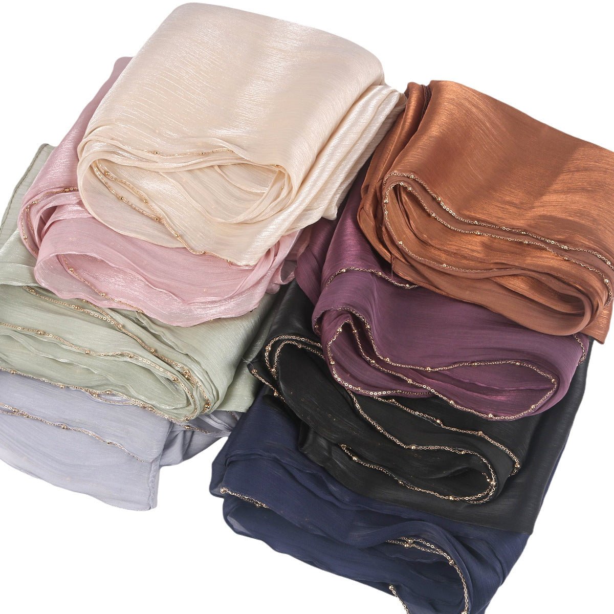 Lustrous Thread Hijab with Satin & Crinkle Texture, Featuring Metal Chain (MH142)