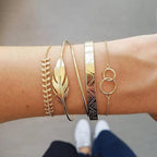 Luxruy Modern Bohemian Gold Color Moon Leaf Crystal Opal Open Bracelet Set for Women In Boho Beach Bangle Jewelry Style