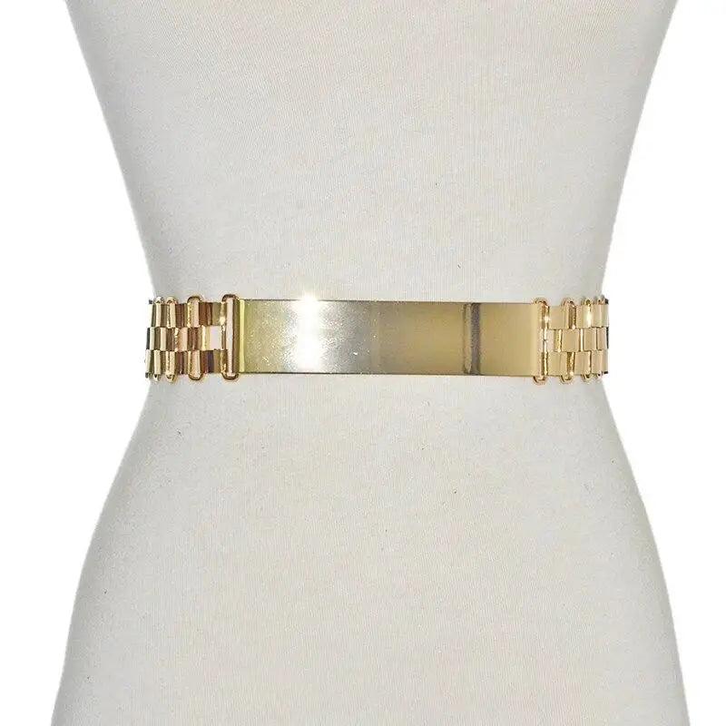 Luxurious Gold Wide Strap Elastic Belts For Women Elegant Metal Polished Plain Gold Belt Black Wide Strap Waistband for Women Stevvex