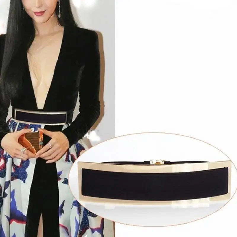 Luxurious Gold Wide Strap Elastic Belts For Women Elegant Metal Polished Plain Gold Belt Black Wide Strap Waistband for Women Stevvex