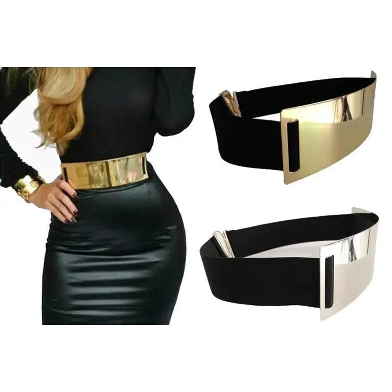 Luxurious Gold Wide Strap Elastic Belts For Women Elegant Metal Polished Plain Gold Belt Black Wide Strap Waistband for Women Stevvex
