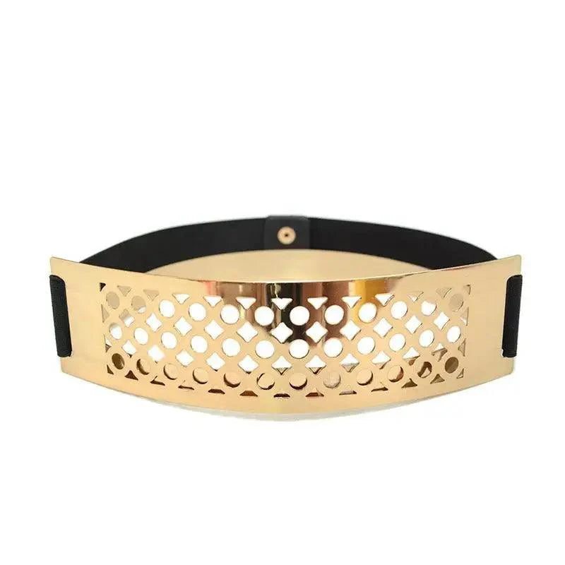Luxurious Gold Wide Strap Elastic Belts For Women Elegant Metal Polished Plain Gold Belt Black Wide Strap Waistband for Women Stevvex