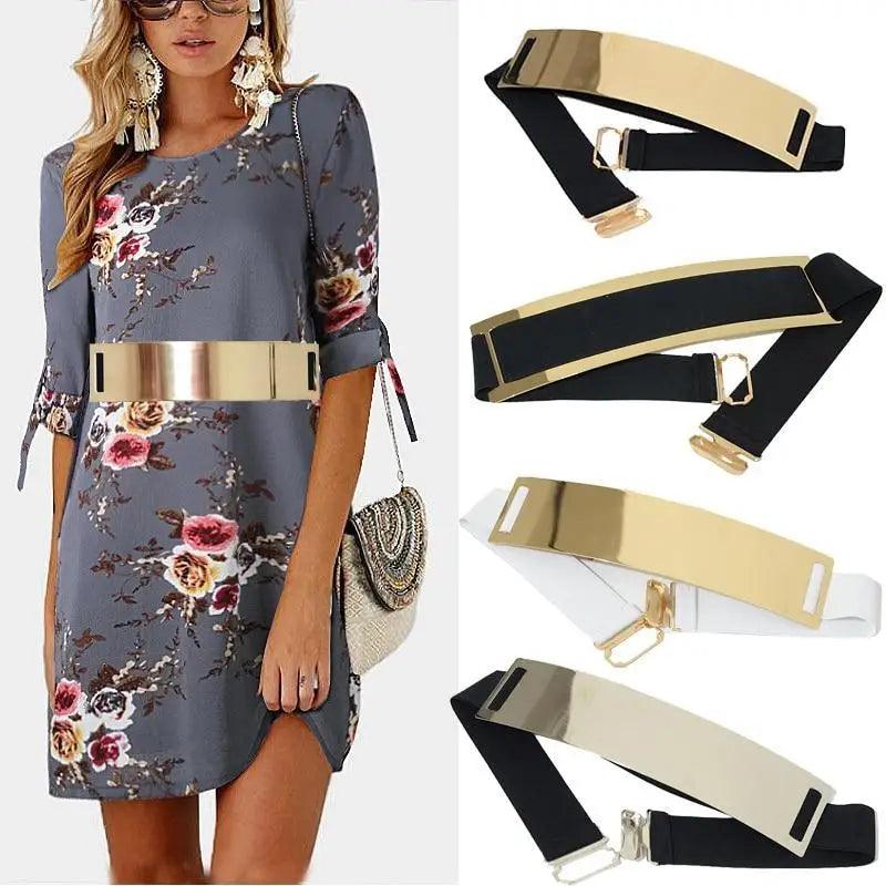 Luxurious Gold Wide Strap Elastic Belts For Women Elegant Metal Polished Plain Gold Belt Black Wide Strap Waistband for Women Stevvex