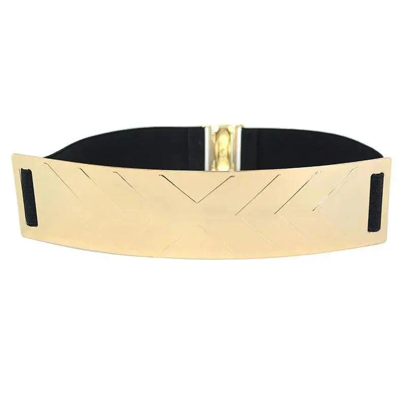 Luxurious Gold Wide Strap Elastic Belts For Women Elegant Metal Polished Plain Gold Belt Black Wide Strap Waistband for Women Stevvex