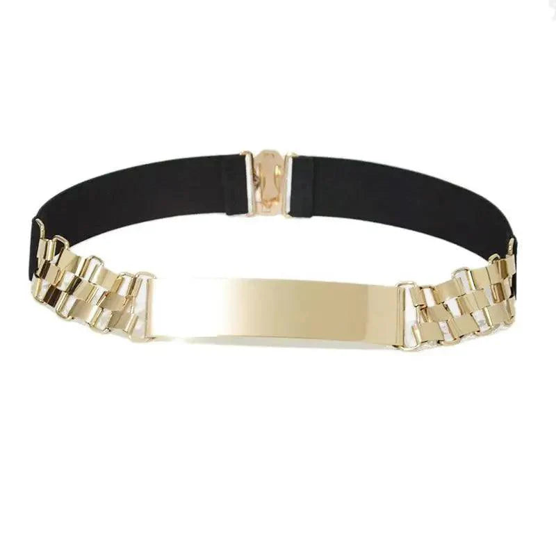 Luxurious Gold Wide Strap Elastic Belts For Women Elegant Metal Polished Plain Gold Belt Black Wide Strap Waistband for Women Stevvex