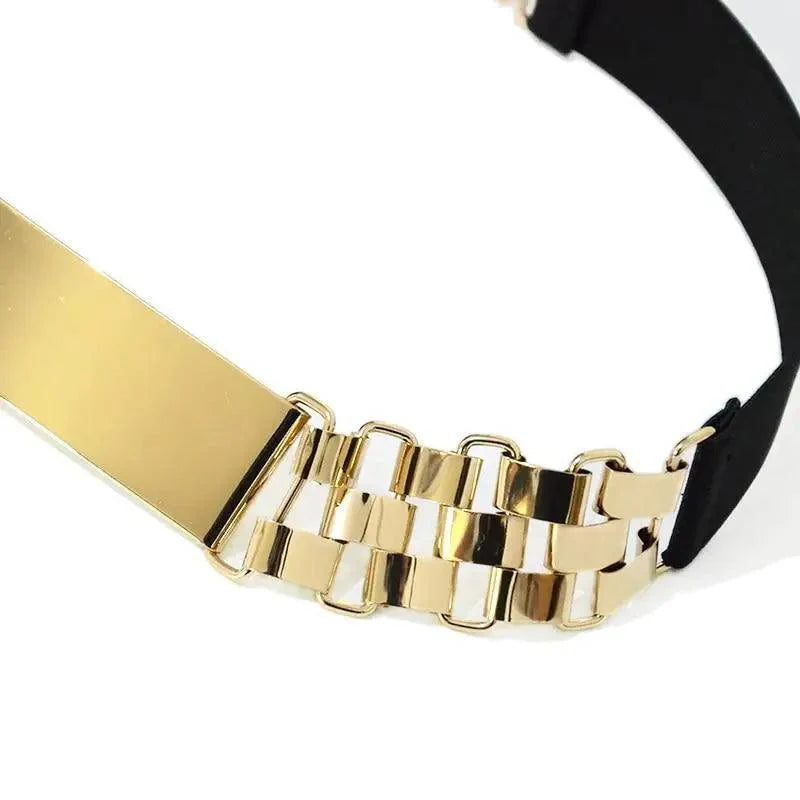 Luxurious Gold Wide Strap Elastic Belts For Women Elegant Metal Polished Plain Gold Belt Black Wide Strap Waistband for Women Stevvex