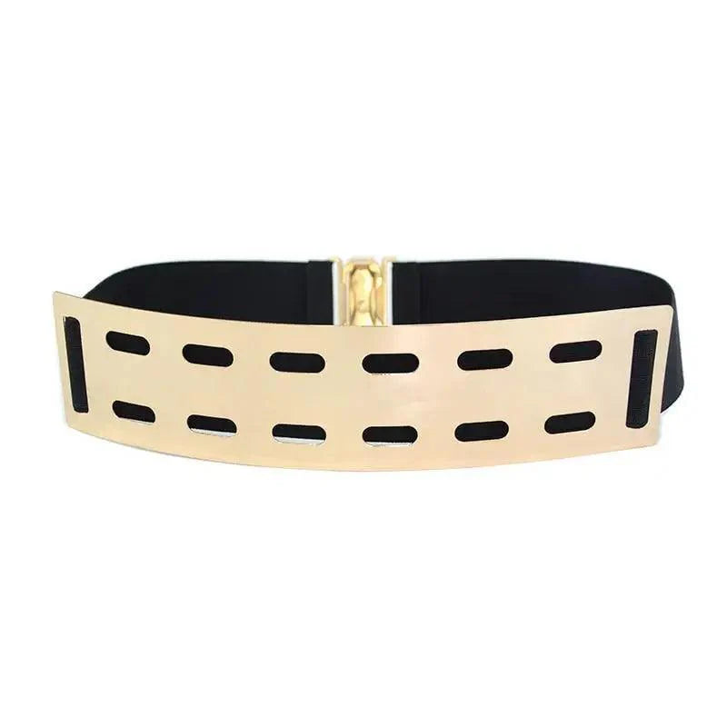 Luxurious Gold Wide Strap Elastic Belts For Women Elegant Metal Polished Plain Gold Belt Black Wide Strap Waistband for Women Stevvex
