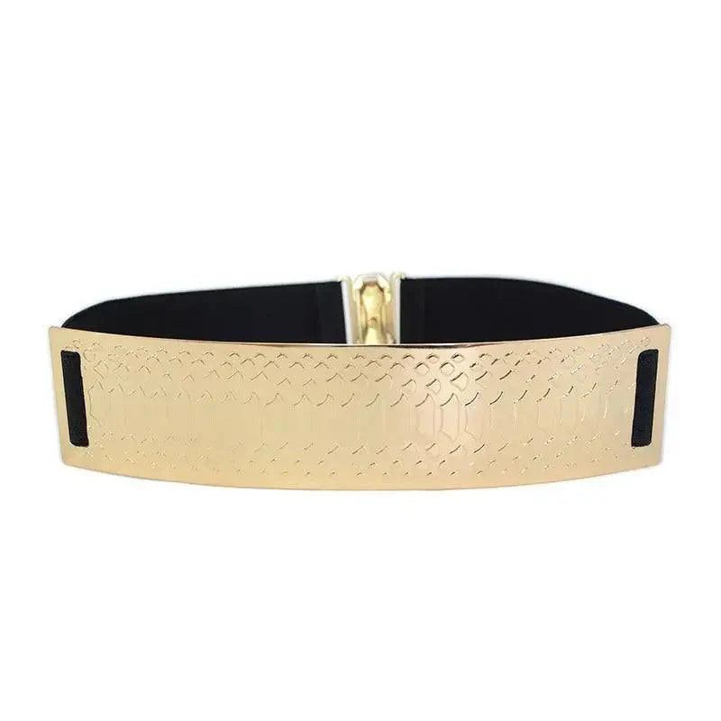 Luxurious Gold Wide Strap Elastic Belts For Women Elegant Metal Polished Plain Gold Belt Black Wide Strap Waistband for Women Stevvex