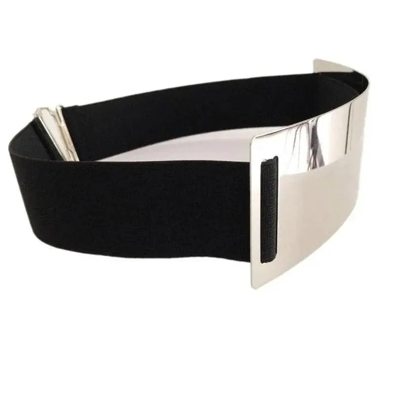 Luxurious Gold Wide Strap Elastic Belts For Women Elegant Metal Polished Plain Gold Belt Black Wide Strap Waistband for Women Stevvex