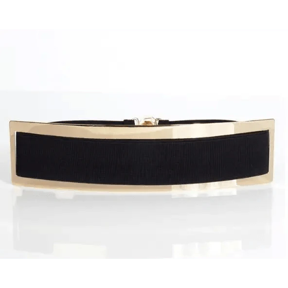 Luxurious Gold Wide Strap Elastic Belts For Women Elegant Metal Polished Plain Gold Belt Black Wide Strap Waistband for Women Stevvex
