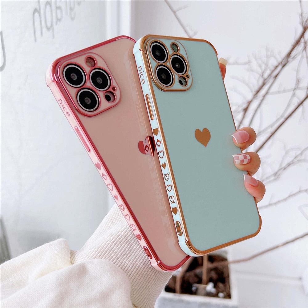 Luxurious Heart Soft Anti-Scratch Full Lens Protection Silicone Girls Shockproof Phone Case for iPhone Phone Case For iPhone 14 13 12 Pro 12Mini Soft Women Elegant Love Heart Shockproof Bumper Phone Case Stevvex