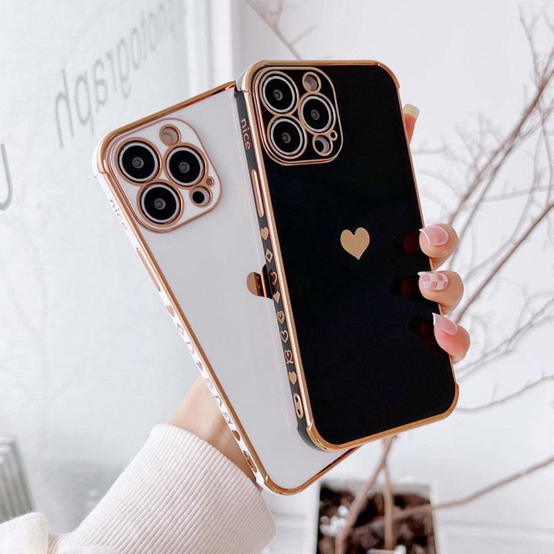 Luxurious Heart Soft Anti-Scratch Full Lens Protection Silicone Girls Shockproof Phone Case for iPhone Phone Case For iPhone 14 13 12 Pro 12Mini Soft Women Elegant Love Heart Shockproof Bumper Phone Case Stevvex