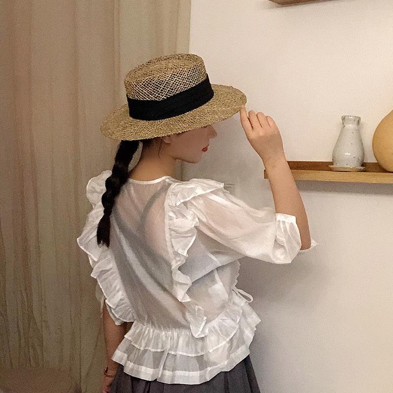 Luxurious New Handmade Straw Beach Hat For Women Summer Hat Luxury Cap Fashion Straw Hat Flat Sun Protection Hats Beautiful Unique Design 55-60cm Stevvex