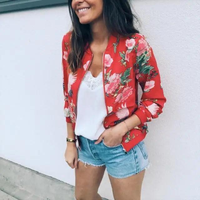 Luxurious Women Floral Jackets Spring Summer Long Sleeve Zipper Print Bomber Jacket Casual Pocket Slim Female Fashion Outwears Plus Size Stevvex