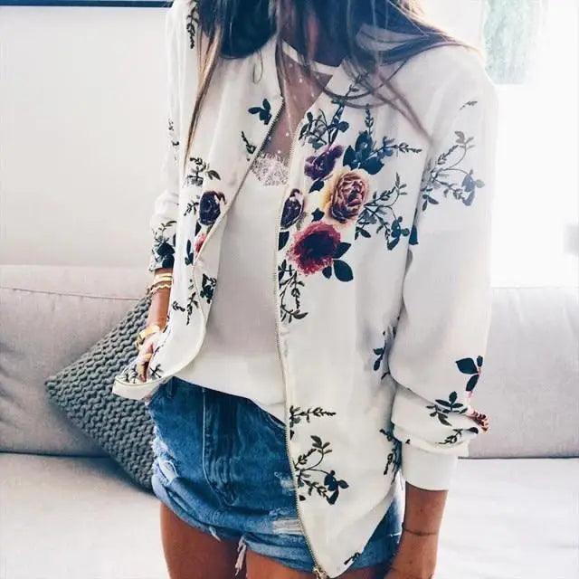 Luxurious Women Floral Jackets Spring Summer Long Sleeve Zipper Print Bomber Jacket Casual Pocket Slim Female Fashion Outwears Plus Size Stevvex