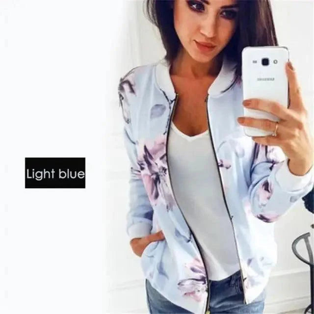 Luxurious Women Floral Jackets Spring Summer Long Sleeve Zipper Print Bomber Jacket Casual Pocket Slim Female Fashion Outwears Plus Size Stevvex