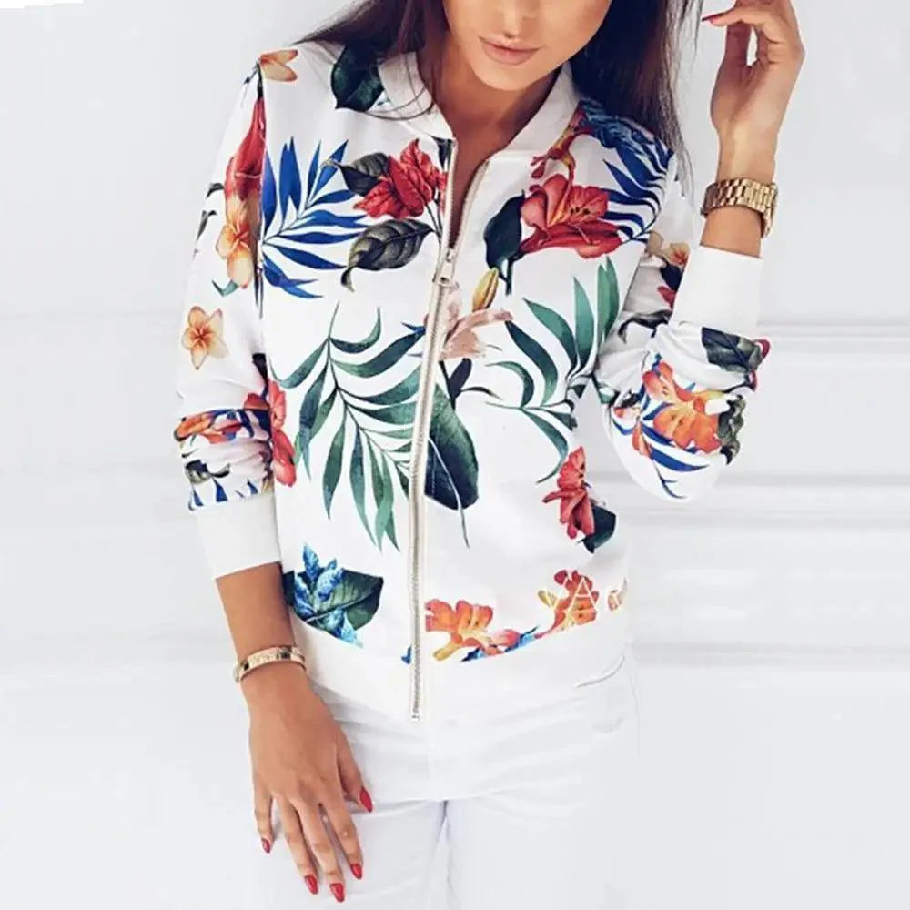 Luxurious Women Floral Jackets Spring Summer Long Sleeve Zipper Print Bomber Jacket Casual Pocket Slim Female Fashion Outwears Plus Size Stevvex