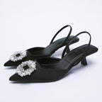 Luxury Black Straps Black Shoes For Women Shallow Summer Heels Beige Elastic Band Low Pointed Closed Flat Rhinestone Slip-on Shoes Flats Outdoor Walking Slippers