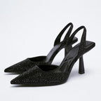 Luxury Black Straps Black Shoes For Women Shallow Summer Heels Beige Elastic Band Low Pointed Closed Flat Rhinestone Slip-on Shoes Flats Outdoor Walking Slippers