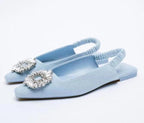Luxury Black Straps Black Shoes For Women Shallow Summer Heels Beige Elastic Band Low Pointed Closed Flat Rhinestone Slip-on Shoes Flats Outdoor Walking Slippers