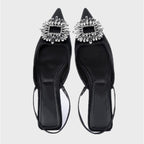 Luxury Black Straps Black Shoes For Women Shallow Summer Heels Beige Elastic Band Low Pointed Closed Flat Rhinestone Slip-on Shoes Flats Outdoor Walking Slippers