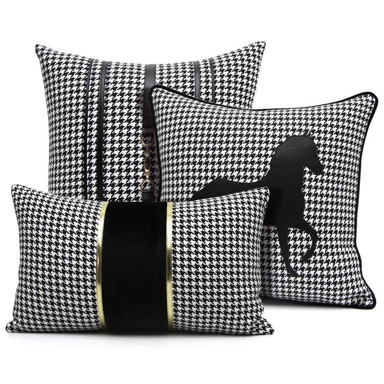 Luxury Black White Houndstooth Gold Leather Stitching Pillow Covers Sofa Decorative Horse Pillow Case Swallow Gird Throw Pillowcases Black Gold PU Leather Polyester Splicing Cushion Covers Well Made Classic Pattern Stevvex