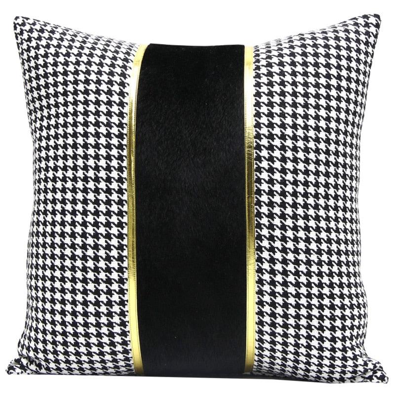 Luxury Black White Houndstooth Gold Leather Stitching Pillow Covers Sofa Decorative Horse Pillow Case Swallow Gird Throw Pillowcases Black Gold PU Leather Polyester Splicing Cushion Covers Well Made Classic Pattern Stevvex
