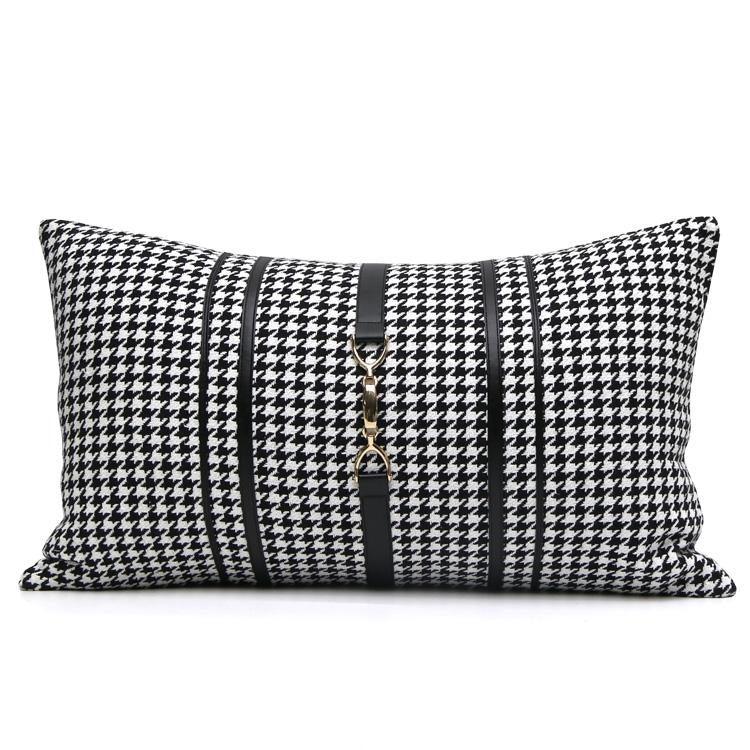 Luxury Black White Houndstooth Gold Leather Stitching Pillow Covers Sofa Decorative Horse Pillow Case Swallow Gird Throw Pillowcases Black Gold PU Leather Polyester Splicing Cushion Covers Well Made Classic Pattern Stevvex