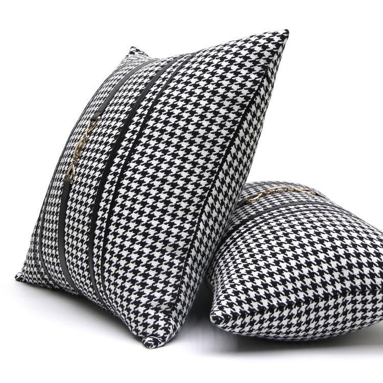 Luxury Black White Houndstooth Gold Leather Stitching Pillow Covers Sofa Decorative Horse Pillow Case Swallow Gird Throw Pillowcases Black Gold PU Leather Polyester Splicing Cushion Covers Well Made Classic Pattern Stevvex