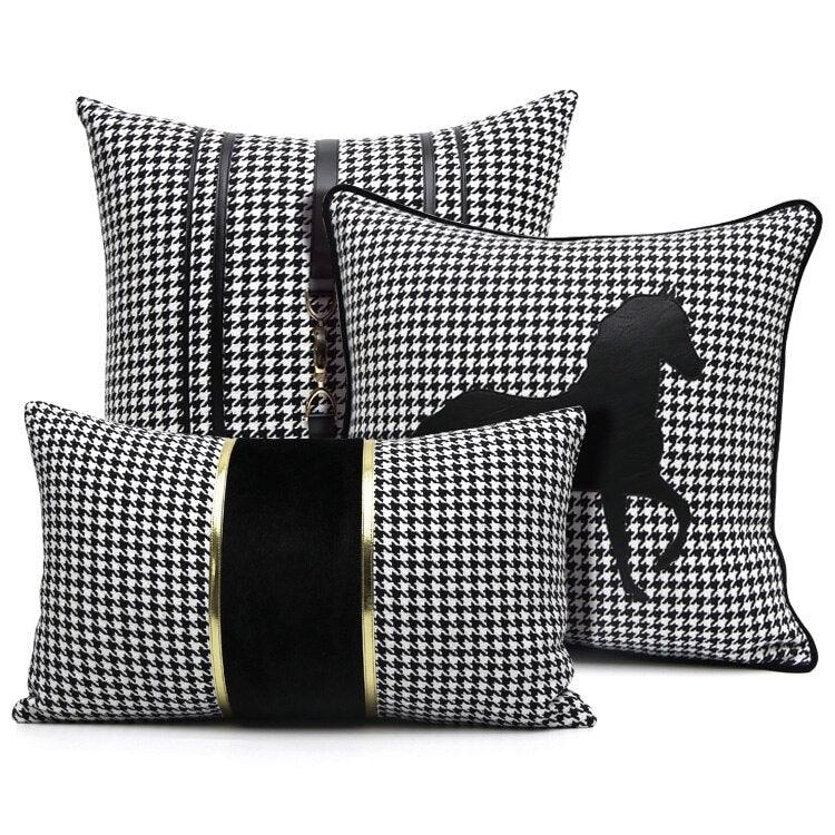 Luxury Black White Houndstooth Gold Leather Stitching Pillow Covers Sofa Decorative Horse Pillow Case Swallow Gird Throw Pillowcases Black Gold PU Leather Polyester Splicing Cushion Covers Well Made Classic Pattern Stevvex