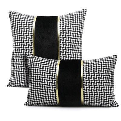 Luxury Black White Houndstooth Gold Leather Stitching Pillow Covers Sofa Decorative Horse Pillow Case Swallow Gird Throw Pillowcases Black Gold PU Leather Polyester Splicing Cushion Covers Well Made Classic Pattern Stevvex