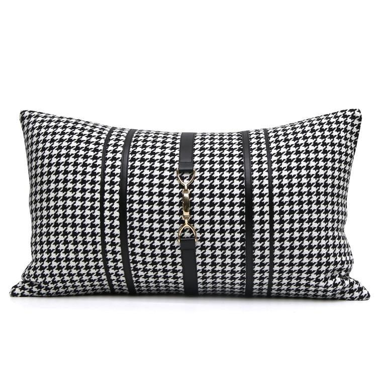 Luxury Black White Houndstooth Gold Leather Stitching Pillow Covers Sofa Decorative Horse Pillow Case Swallow Gird Throw Pillowcases Black Gold PU Leather Polyester Splicing Cushion Covers Well Made Classic Pattern Stevvex