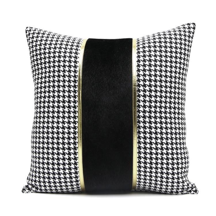 Luxury Black White Houndstooth Gold Leather Stitching Pillow Covers Sofa Decorative Horse Pillow Case Swallow Gird Throw Pillowcases Black Gold PU Leather Polyester Splicing Cushion Covers Well Made Classic Pattern Stevvex