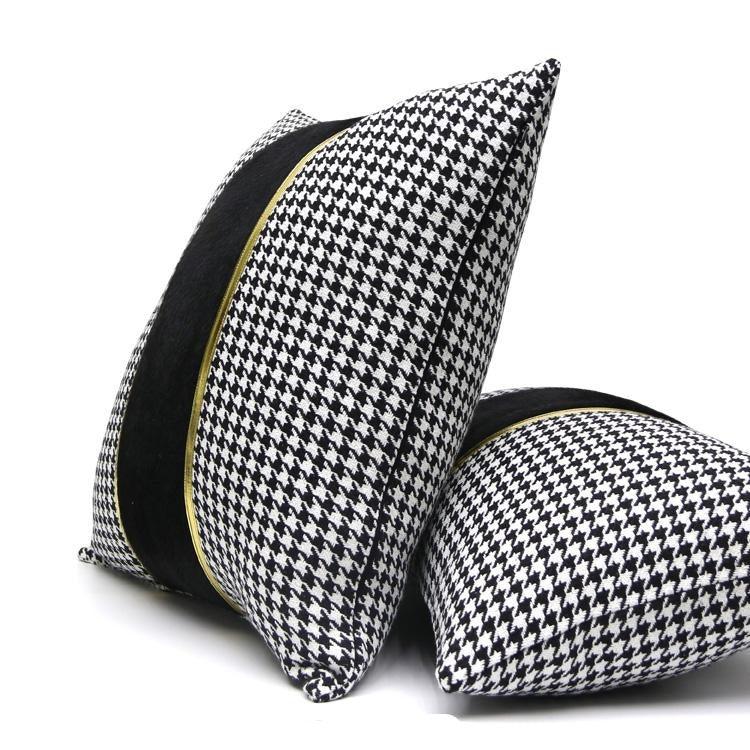 Luxury Black White Houndstooth Gold Leather Stitching Pillow Covers Sofa Decorative Horse Pillow Case Swallow Gird Throw Pillowcases Black Gold PU Leather Polyester Splicing Cushion Covers Well Made Classic Pattern Stevvex