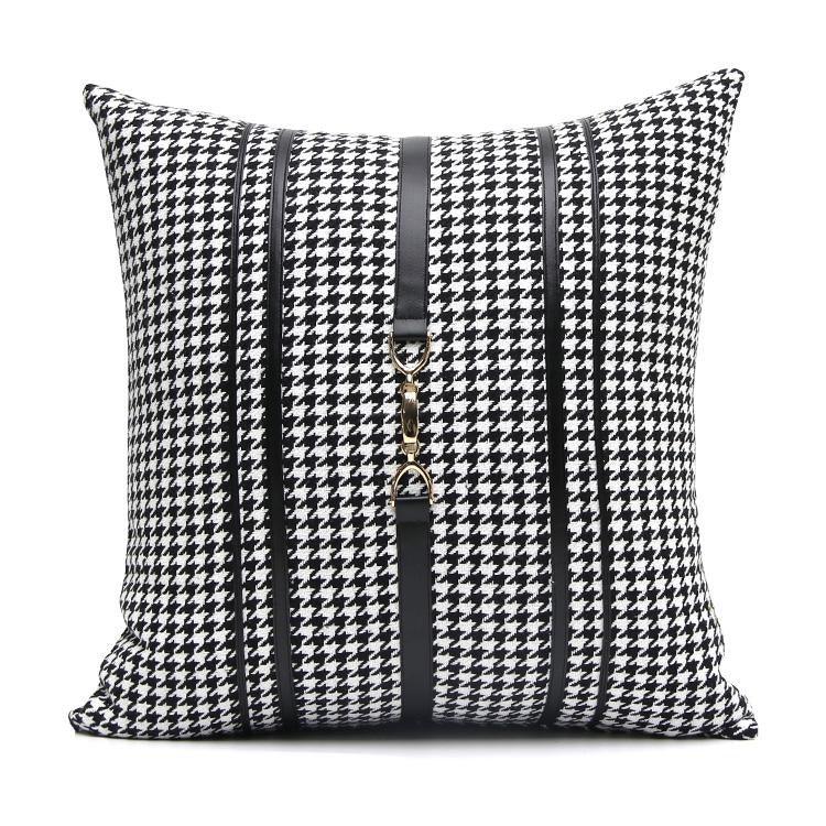 Luxury Black White Houndstooth Gold Leather Stitching Pillow Covers Sofa Decorative Horse Pillow Case Swallow Gird Throw Pillowcases Black Gold PU Leather Polyester Splicing Cushion Covers Well Made Classic Pattern Stevvex