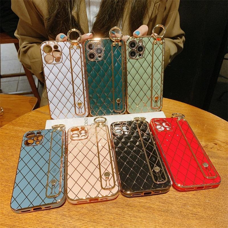 Luxury Blue Pink Gold Color Plating Soft Case Cell Phone Case For iPhone 11 12 13 Pro Max XS Max XR X 8 7 Plus Luxury Wrist Strap Plating Frame Geometric Soft Covers Bumper Iphone Case Stevvex