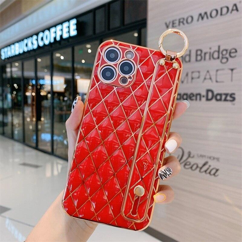 Luxury Blue Pink Gold Color Plating Soft Case Cell Phone Case For iPhone 11 12 13 Pro Max XS Max XR X 8 7 Plus Luxury Wrist Strap Plating Frame Geometric Soft Covers Bumper Iphone Case Stevvex